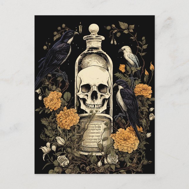 Vintage Goth Skeleton Skull Raven Poison Halloween Postcard (Front)