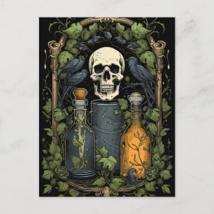 Vintage Goth Skeleton Skull Raven Poison Halloween Postcard