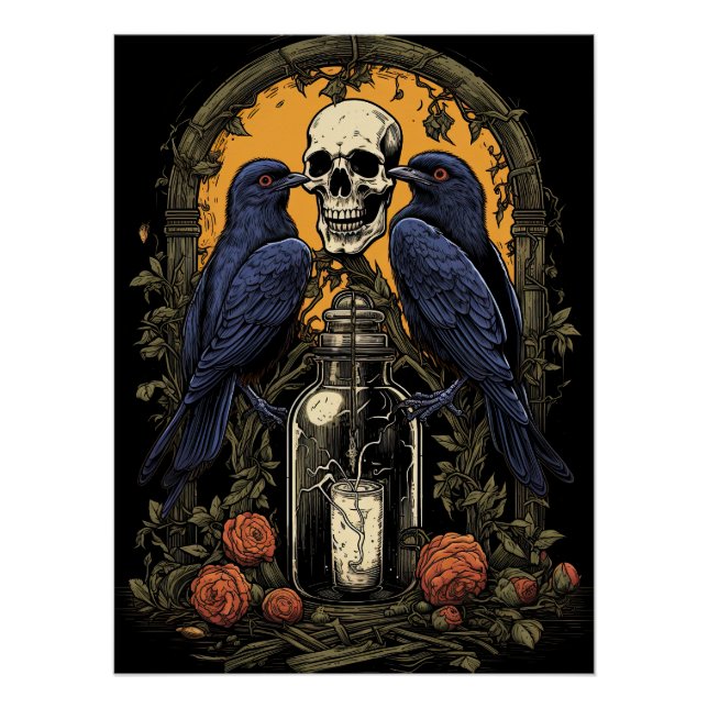 Vintage Goth Skeleton Skull Raven Poison Halloween Poster (Front)
