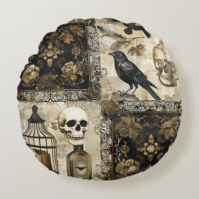Vintage Goth Skulls and Birdcages Round Cushion (Front)