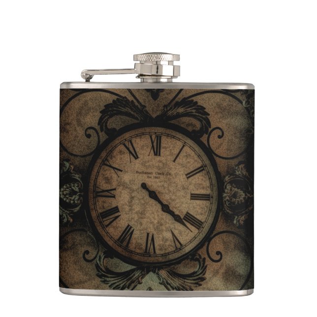 Vintage Gothic Antique Wall Clock Steampunk Hip Flask (Front)