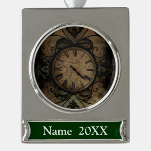 Vintage Gothic Antique Wall Clock Steampunk Silver Plated Banner Ornament