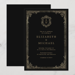 Vintage Gothic Black Gold Victorian Wedding Invitation