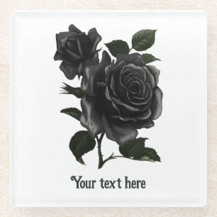 Vintage Gothic Black Roses Personalised Glass Coaster