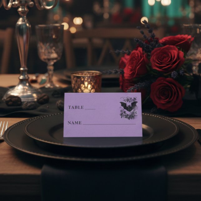 Vintage Gothic Black Toile Bat Purple Wedding Place Card (Creator Uploaded)