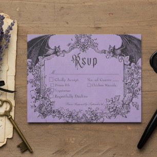 Vintage Gothic Black Toile Bat Purple Wedding RSVP Card