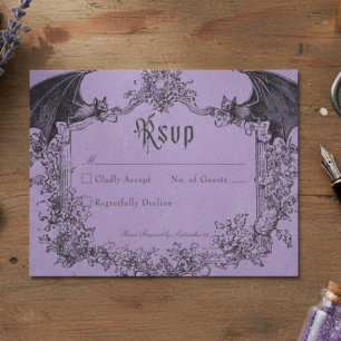 Vintage Gothic Black Toile Bat Purple Wedding RSVP Card