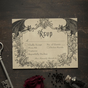 Vintage Gothic Black Toile Bat Tan Wedding RSVP Card