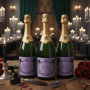 Vintage Gothic Black Toile Purple Bat Wedding Sparkling Wine Label