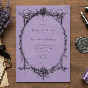 Vintage Gothic Black Toile Purple Wedding Invitation