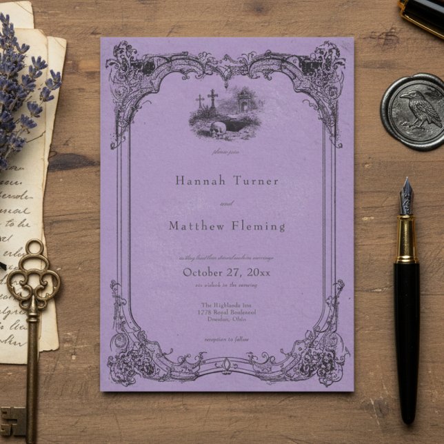 Vintage Gothic Black Toile Skull Purple Wedding Invitation (Creator Uploaded)