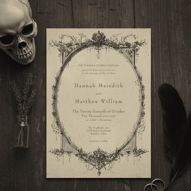 Vintage Gothic Black Toile Tan Wedding Invitation (Creator Uploaded)