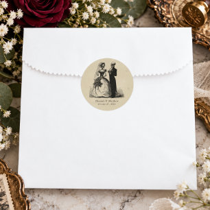 Vintage Gothic Black Toile Tan Wedding Skeleton Classic Round Sticker