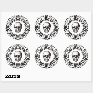 Vintage Gothic Black & White Damask Pattern Skull Classic Round Sticker
