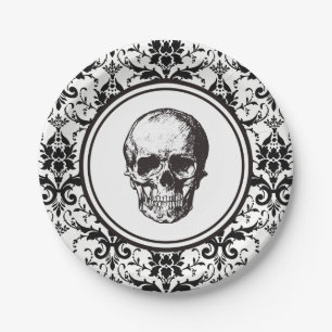 Vintage Gothic Damask Pattern Skull HALLOWEEN Paper Plate