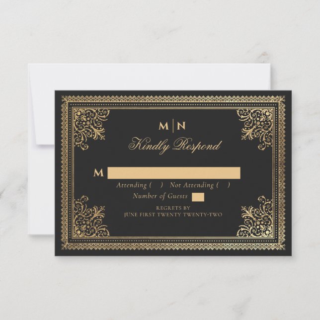 Vintage Gothic Gold Victorian Wedding RSVP  Card (Front)