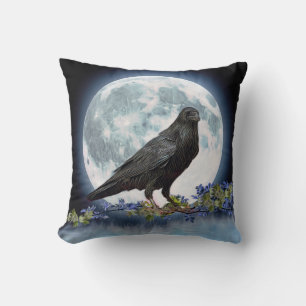 Vintage Gothic Halloween Large Black Raven Bird Cushion