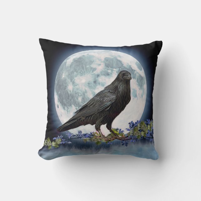 Vintage Gothic Halloween Large Black Raven Bird Cushion (Front)