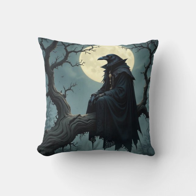 Vintage Gothic Halloween Large Black Raven Bird Cushion (Front)