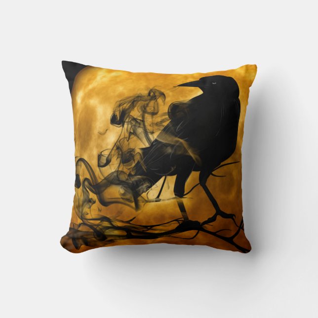 Vintage Gothic Halloween Large Black Raven Bird Cushion (Front)