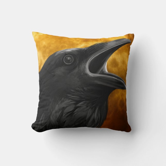 Vintage Gothic Halloween Large Black Raven Bird Cushion (Front)