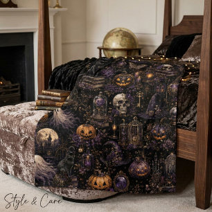 Vintage Gothic Halloween Spooky Night Pattern Fleece Blanket