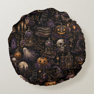 Vintage Gothic Halloween Spooky Seamless Pattern Round Cushion