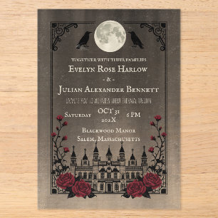 Vintage Gothic Halloween Wedding Full Moon Bats Acrylic Invitations