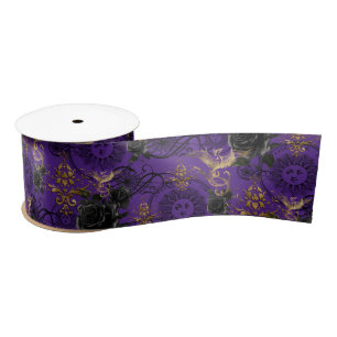 Vintage Gothic Phoenix and Roses Purple Pattern Satin Ribbon