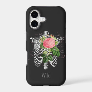 Vintage Gothic Pink Roses Skeleton Monogram