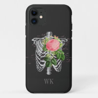 Vintage Gothic Pink Roses Skeleton Monogram