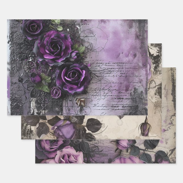 Vintage Gothic Purple Roses Decoupage  Wrapping Paper Sheet (Set)