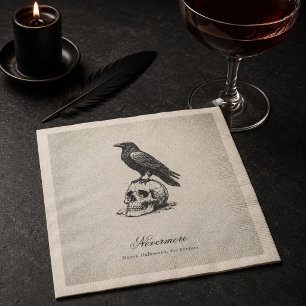 Vintage Gothic Raven and Skull Halloween Name Napkin