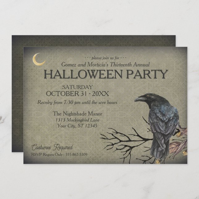 Vintage Gothic Raven Halloween Party Invitation (Front/Back)