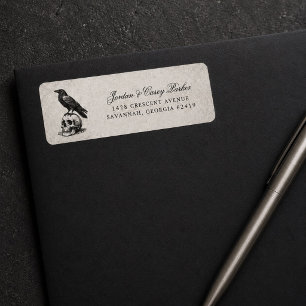 Vintage Gothic Raven Skull Halloween Script Return Address Label