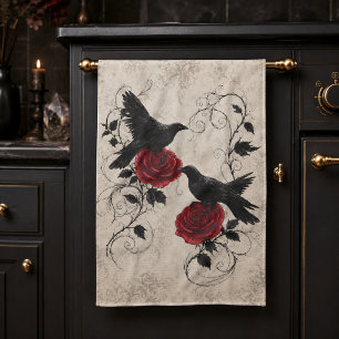 Vintage Gothic Ravens Crimson Roses Tea Towel