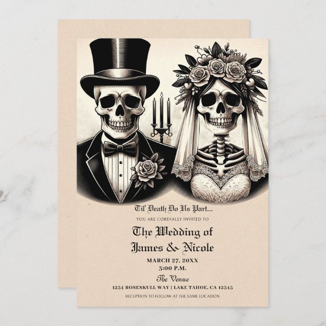 Vintage Gothic Skeleton Bride & Groom Wedding Invitation (Front/Back)