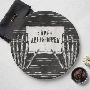 Vintage Gothic Skeleton Happy Halloween Paper Plate