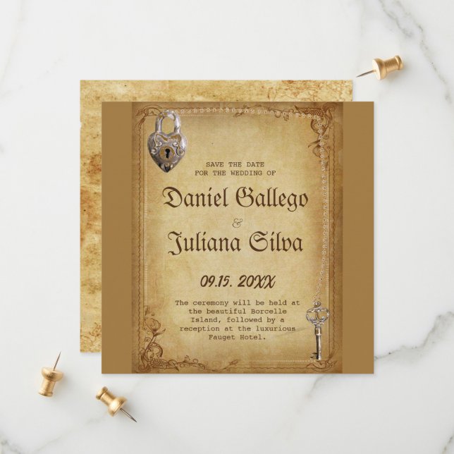  Vintage Gothic Skeleton Key wedding  Save The Date (Front/Back In Situ)