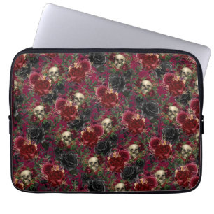Vintage Gothic Skull and Roses Red and Black Laptop Sleeve