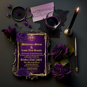 Vintage Gothic Skull & Bones Purple Wedding Invitation
