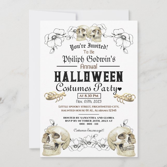 Vintage Gothic Skull Halloween Costume Party  Inv Invitation (Front)