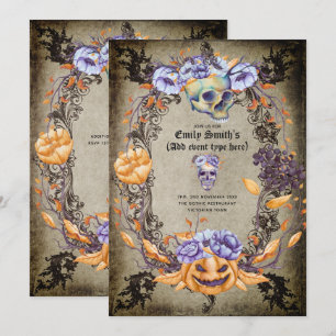 Vintage Gothic Skulls Purple Oranage Flowers Goth Invitation