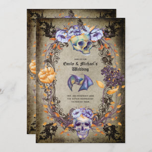 Vintage Gothic Skulls Purple Orange Flowers Goth Invitation