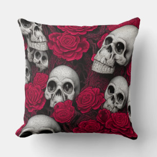 Vintage Gothic Skulls Red Roses Garden Cushion