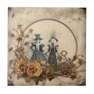 Vintage Gothic Witches Autumn Parchment Ceramic Tile