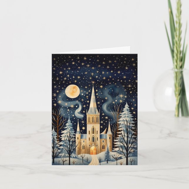 Vintage Gouache Styled Winter Church Blank Note Card (Front)