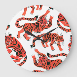 Vintage Gouache Tigers Seamless Pattern Large Clock