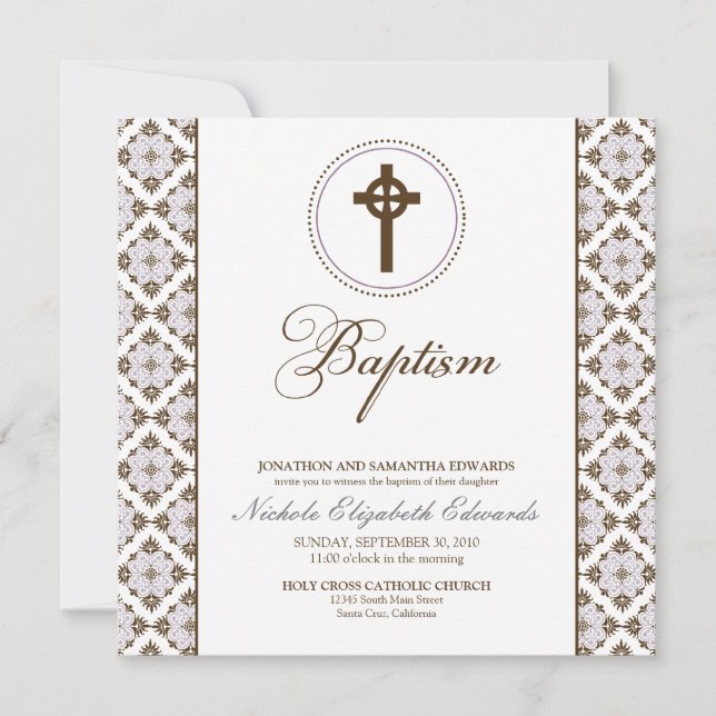 Vintage Grace Baptism Invitation (chocolate/lilac) (Front)