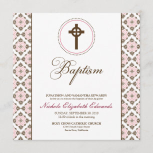 Vintage Grace Baptism Invitation (chocolate/pink)